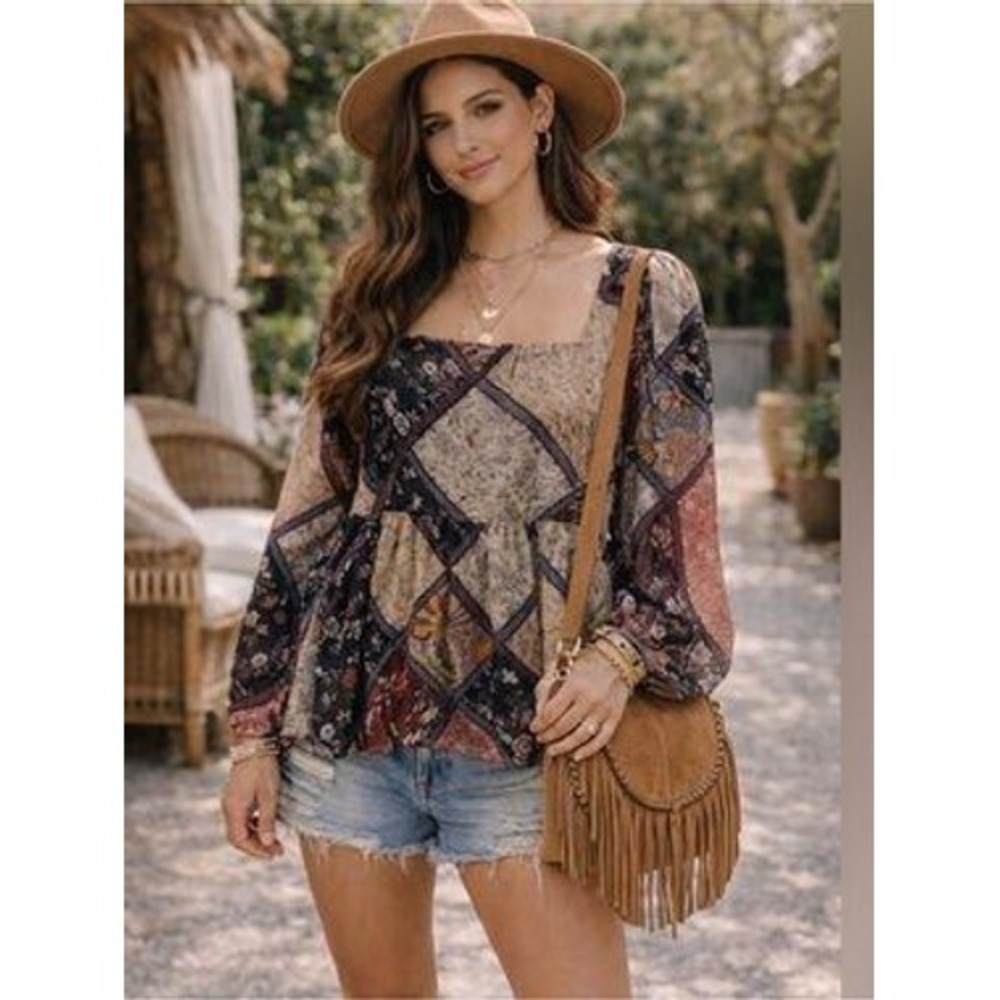 AEO Patchwork Floral Paisley Boho Peplum Blouse Tie Back Medium - Picture 9 of 9